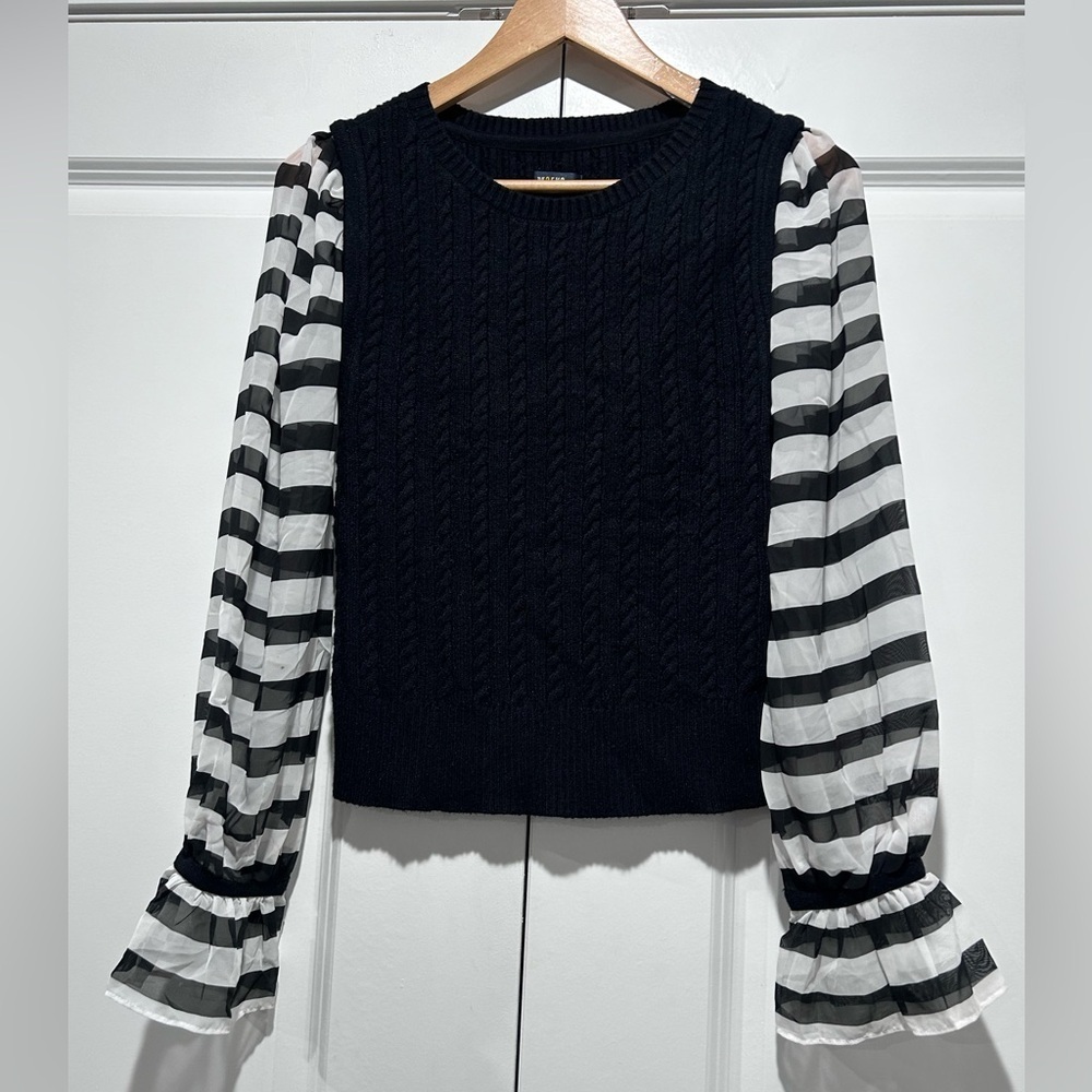 Maeve by Anthropologie Black and White Striped Sleeve sweater Top XSP - Picture 2 of 10